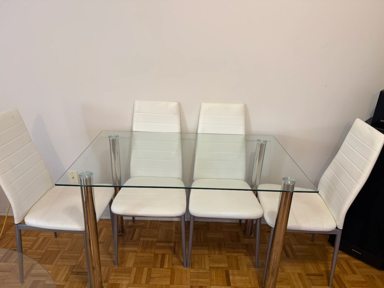 Glass Dining Table with 4 White Chairs