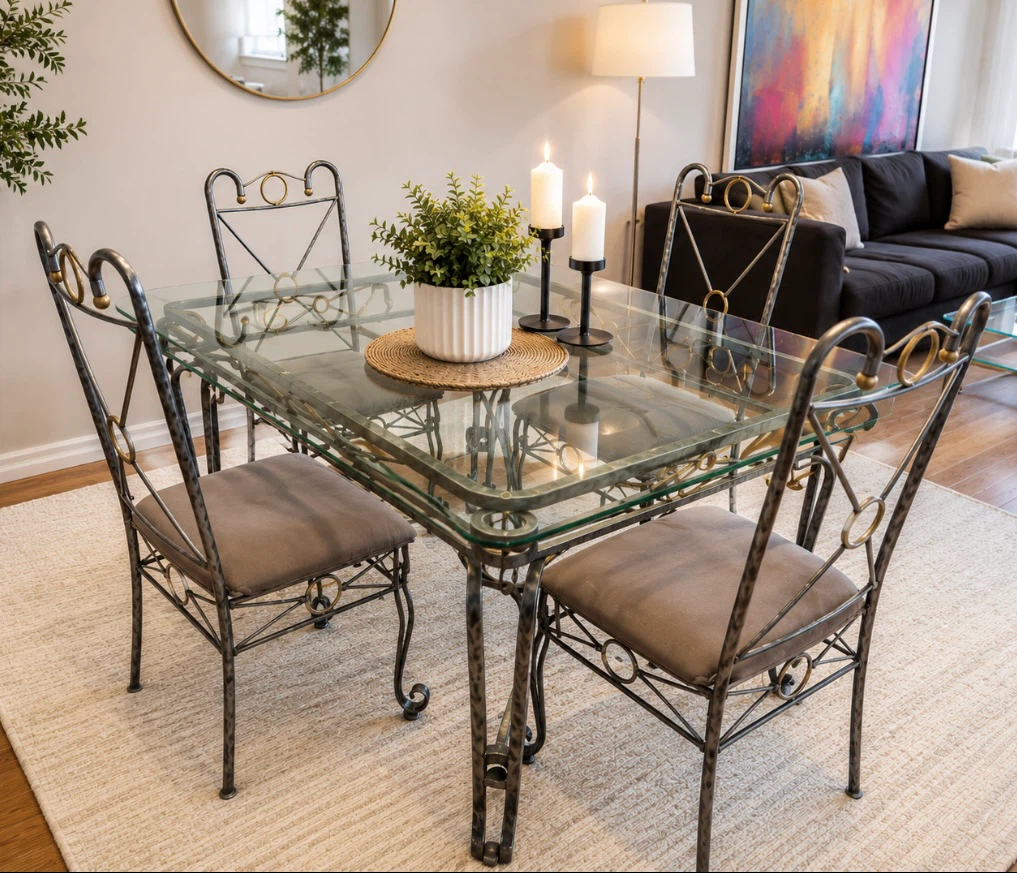 Glass & Wrought Iron Table with 4 Chairs