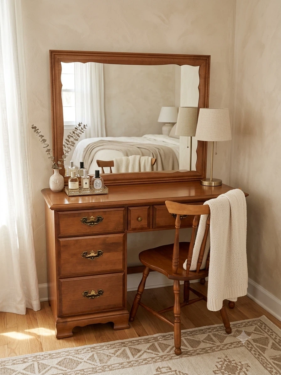 Solid Wood Vanity Desk with Mirror and Chair