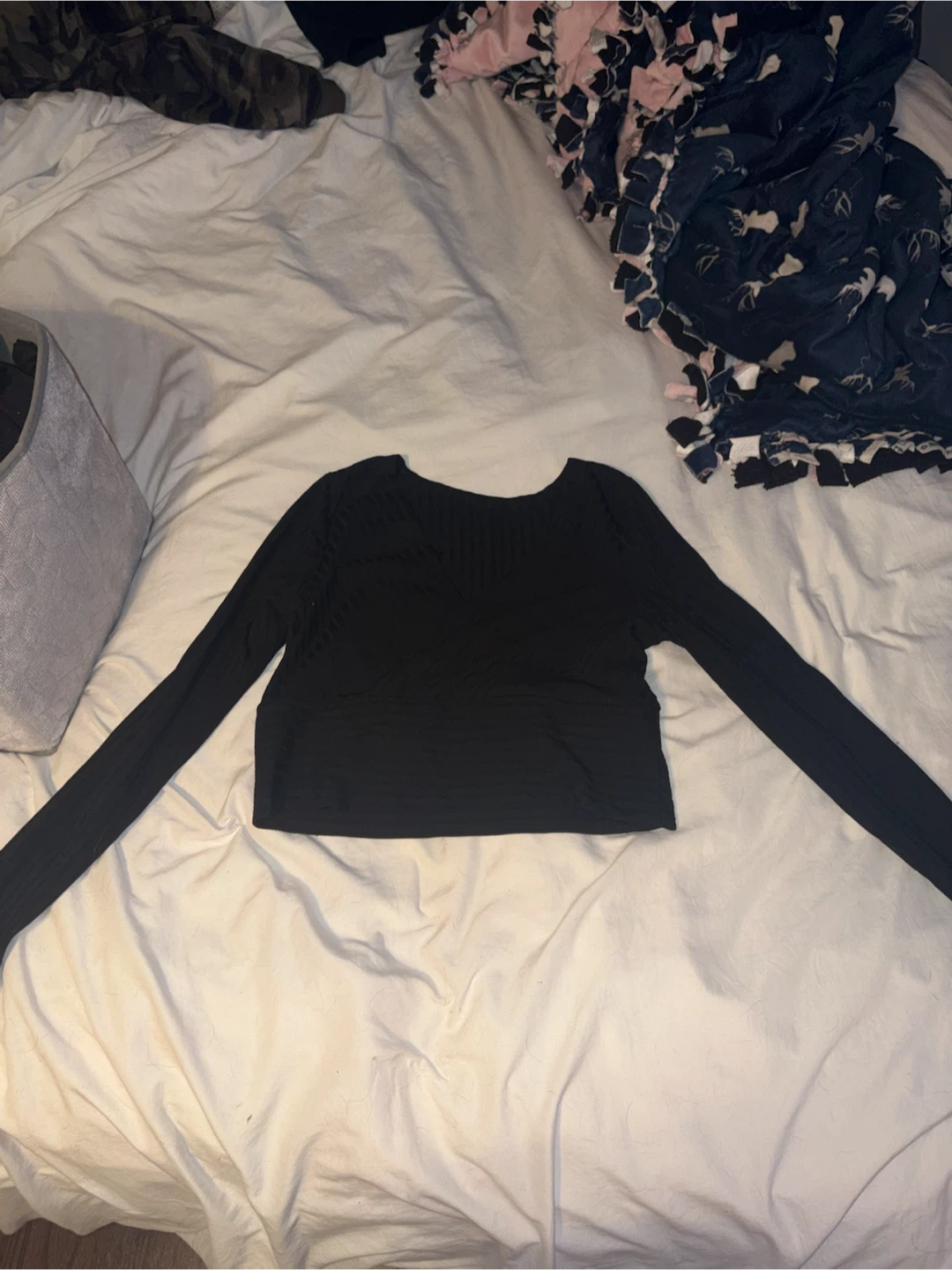 Black long sleeve ribbed wrap top