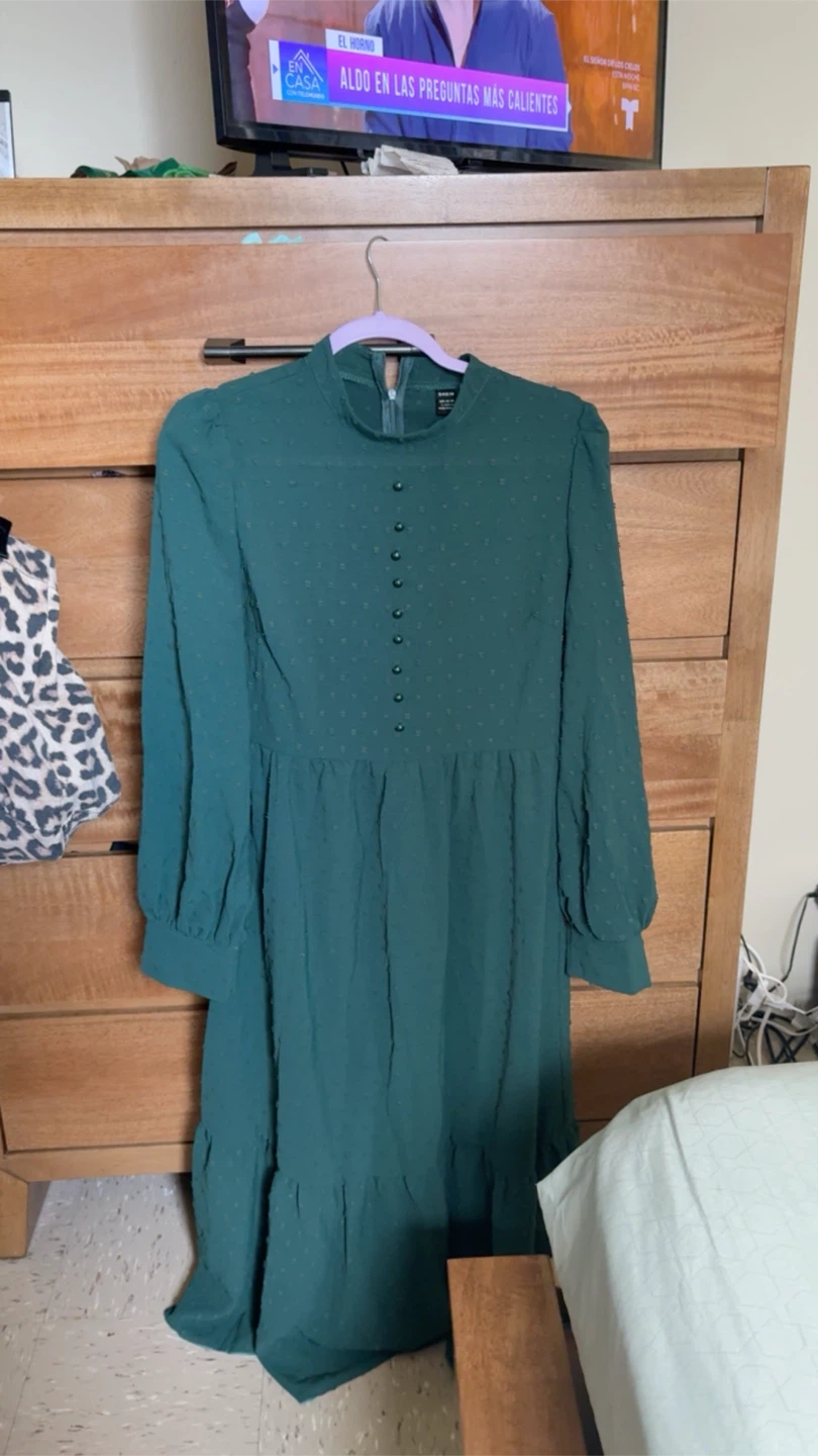 SHEIN Green Textured Button Detail Mock Neck Dress