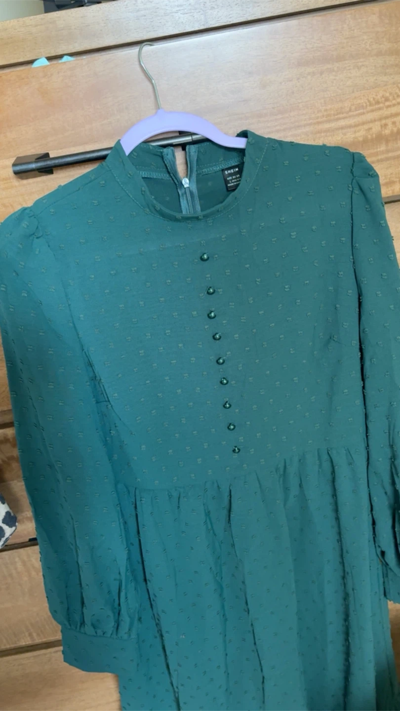 SHEIN Green Textured Button Detail Mock Neck Dress - photo 2