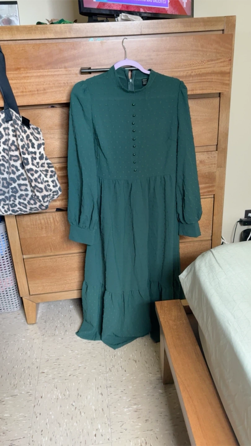 SHEIN Green Textured Button Detail Mock Neck Dress - photo 3
