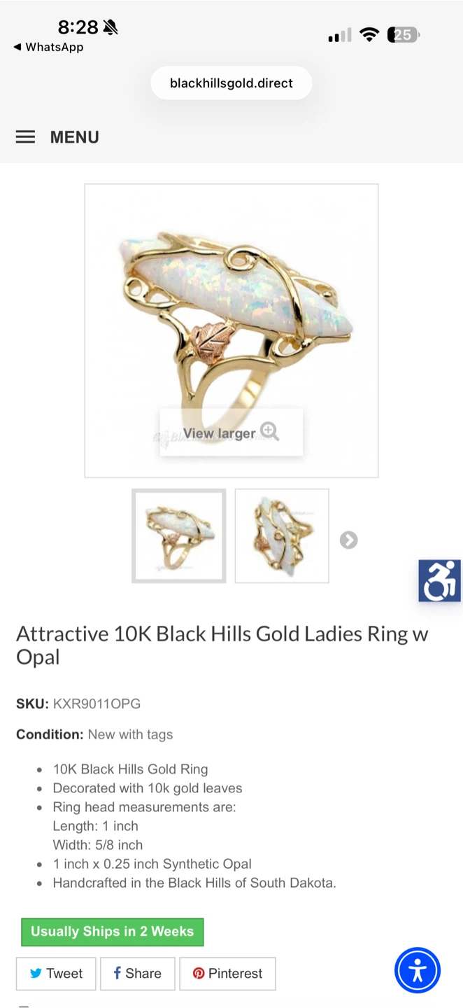 Black Hills Gold Ladies Ring w Opal size 7