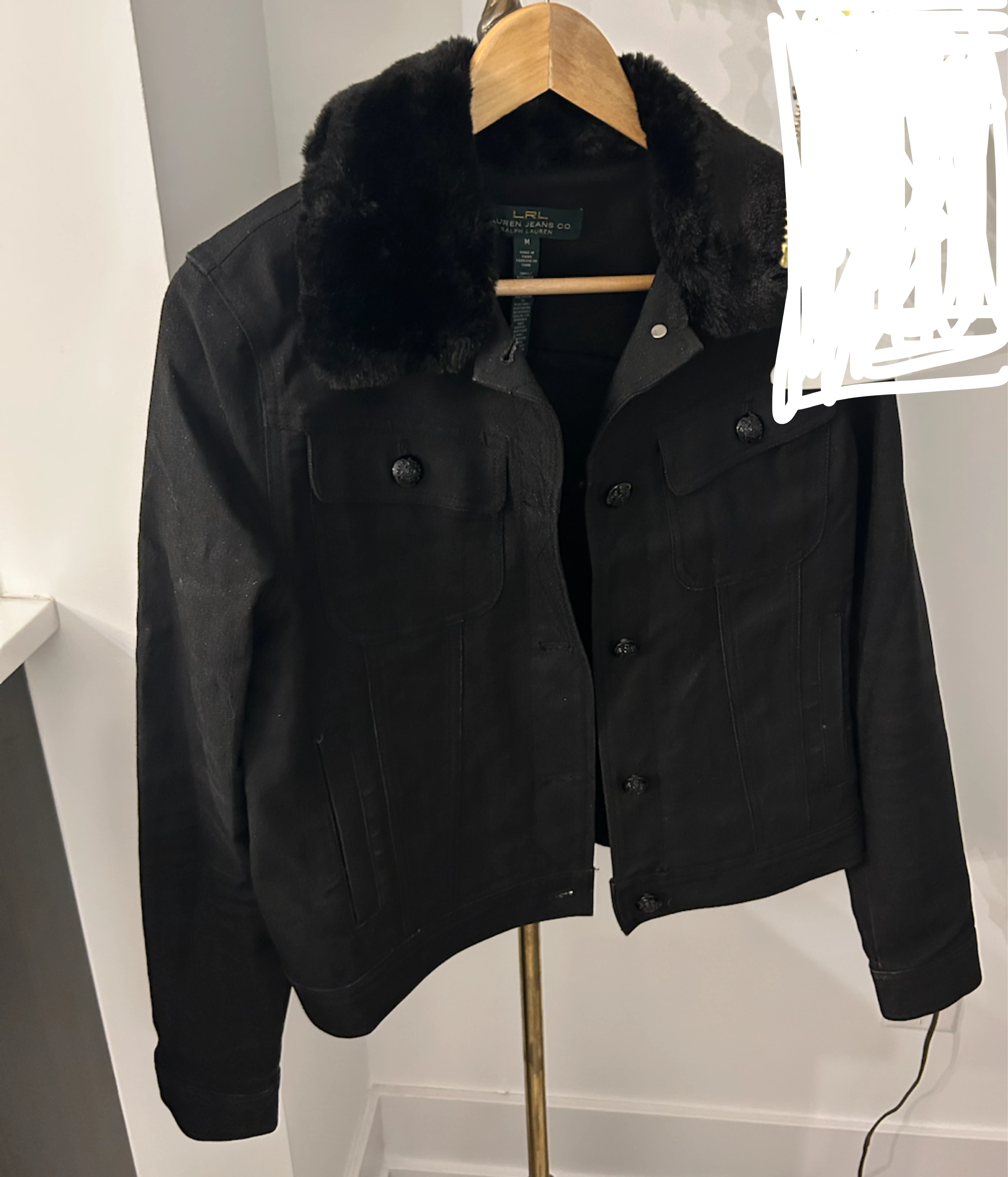 LRL Lauren Jeans Co. Black Denim Jacket with Fur Collar
