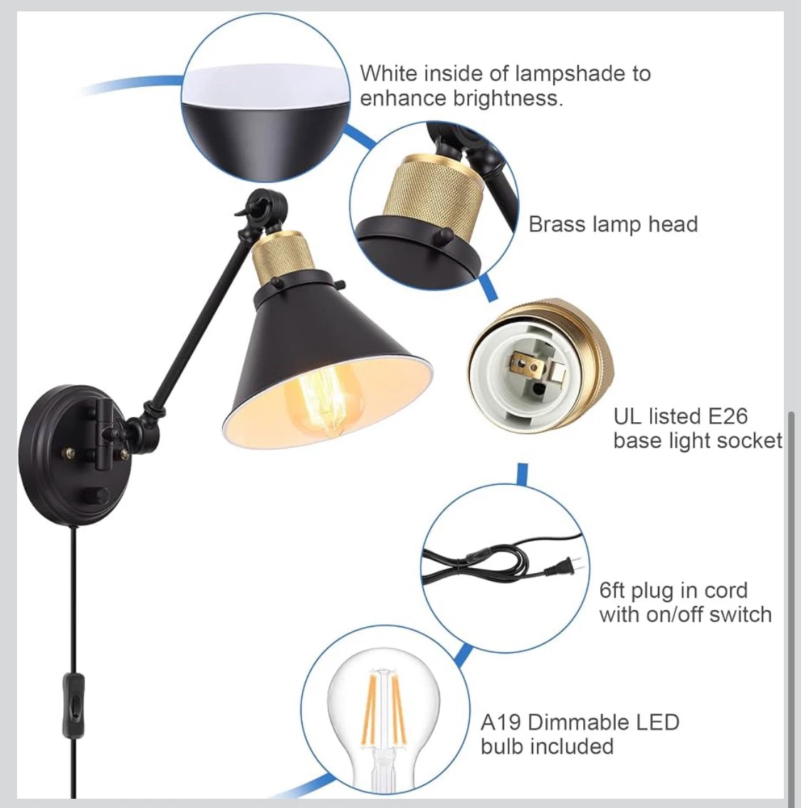 Black Industrial Swing Arm Wall Sconce Lamp with Bulb - photo 3