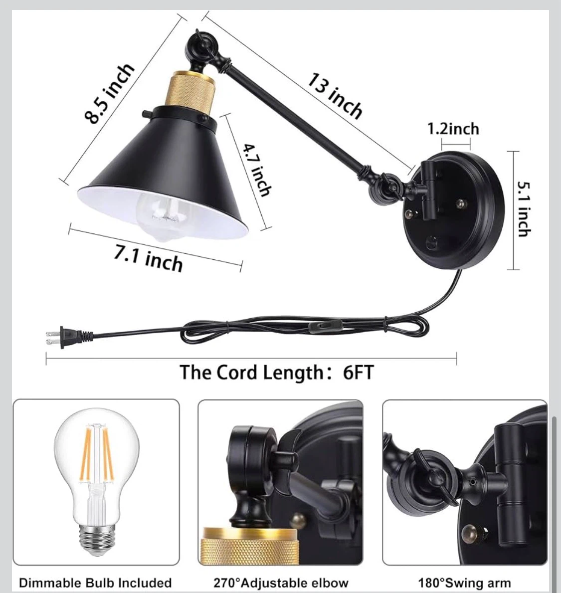 Black Industrial Swing Arm Wall Sconce Lamp with Bulb - photo 4