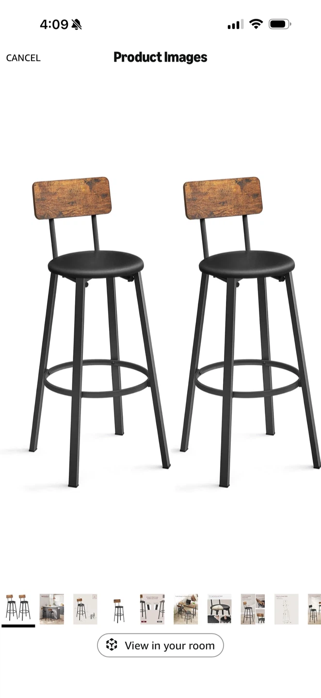 Set of 2 PU Upholstered Bar Stools with Backrest