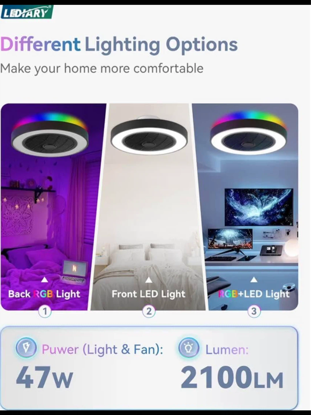 LEDIARY 20" RGB Smart Low Profile Ceiling Fan with Light remote - photo 3