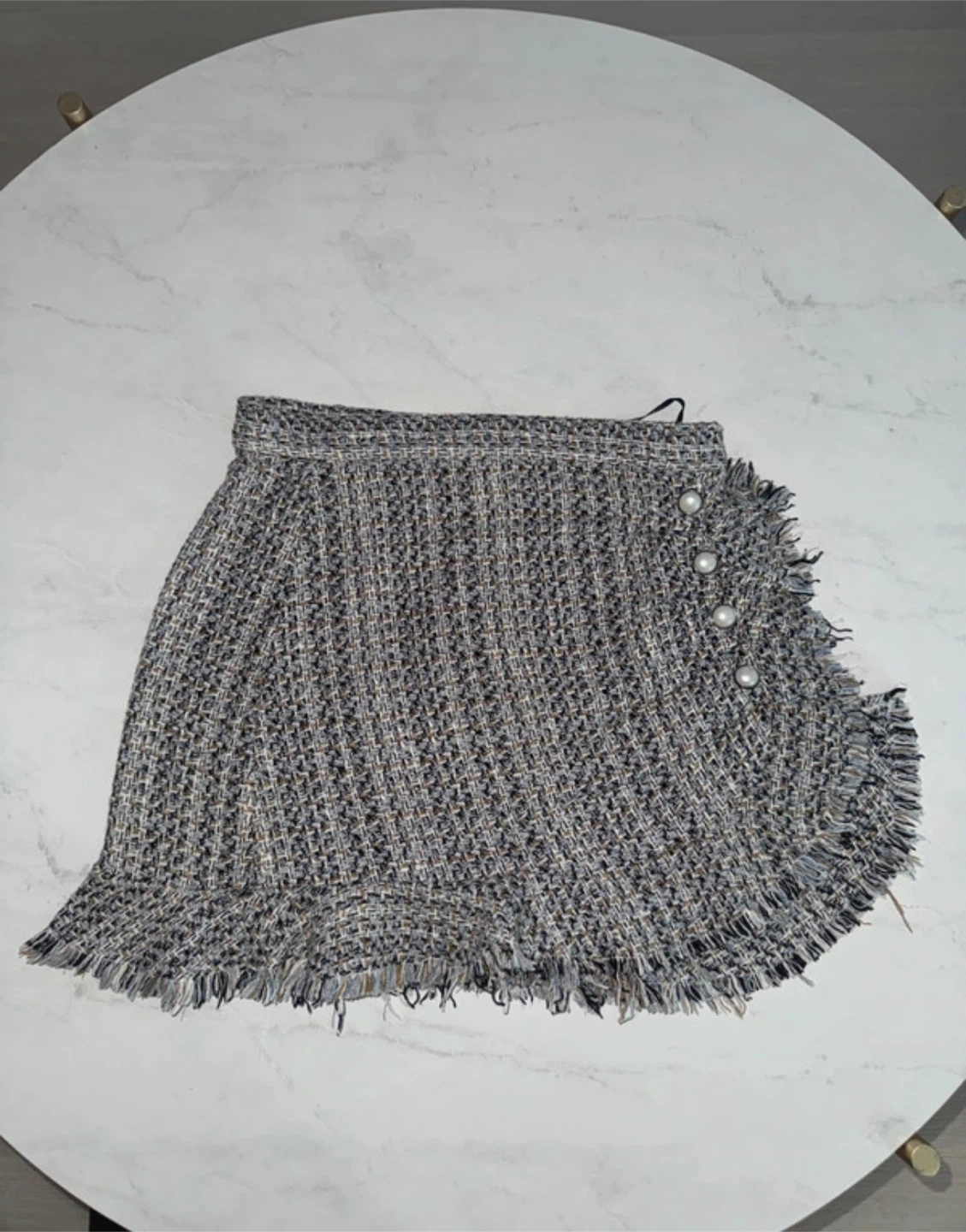 ZARA Women's Tweed Mini Skirt with Fringe and Pearl Buttons