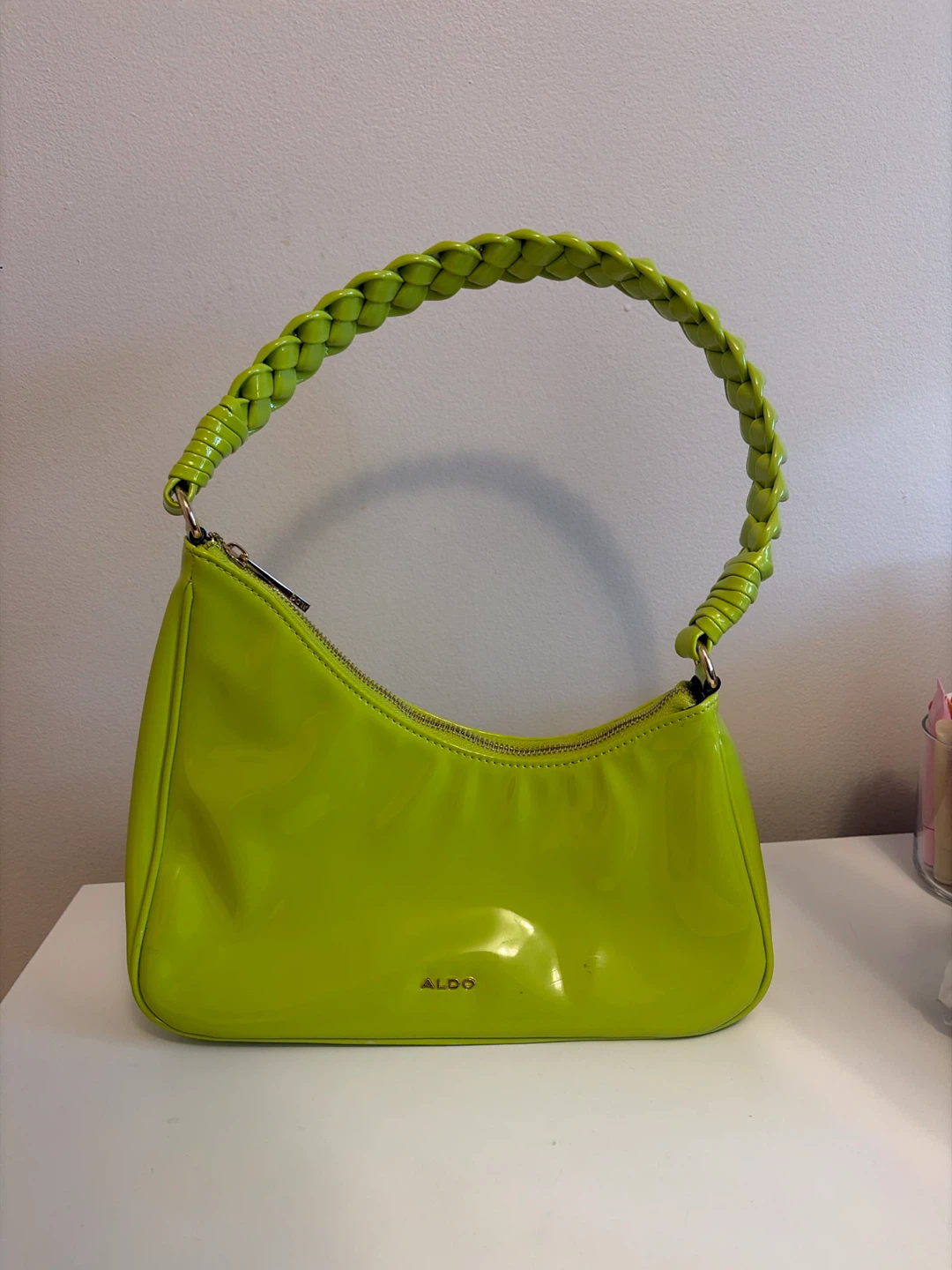 ALDO Neon Green Patent Leather Braided Handle Shoulder Bag