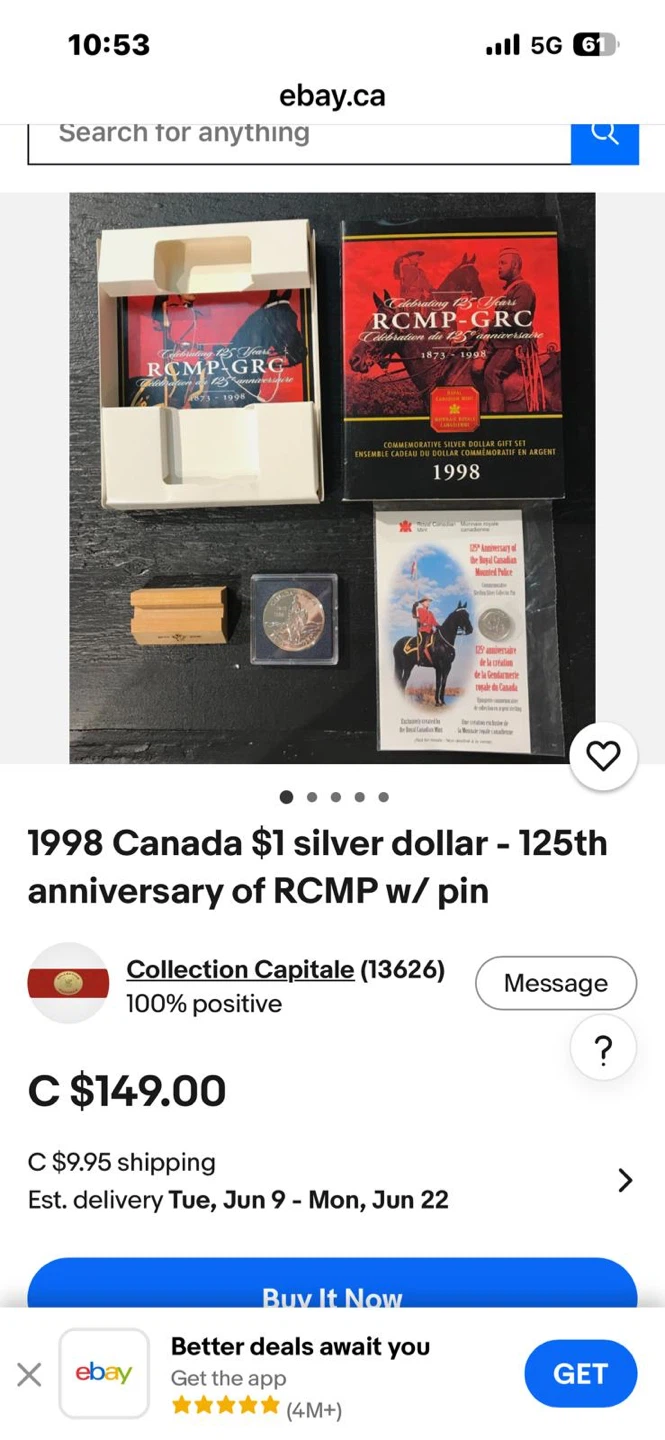 1998 Royal  Mounted Police 🇨🇦 Silver Dollar & Collector Pin Set - photo 2