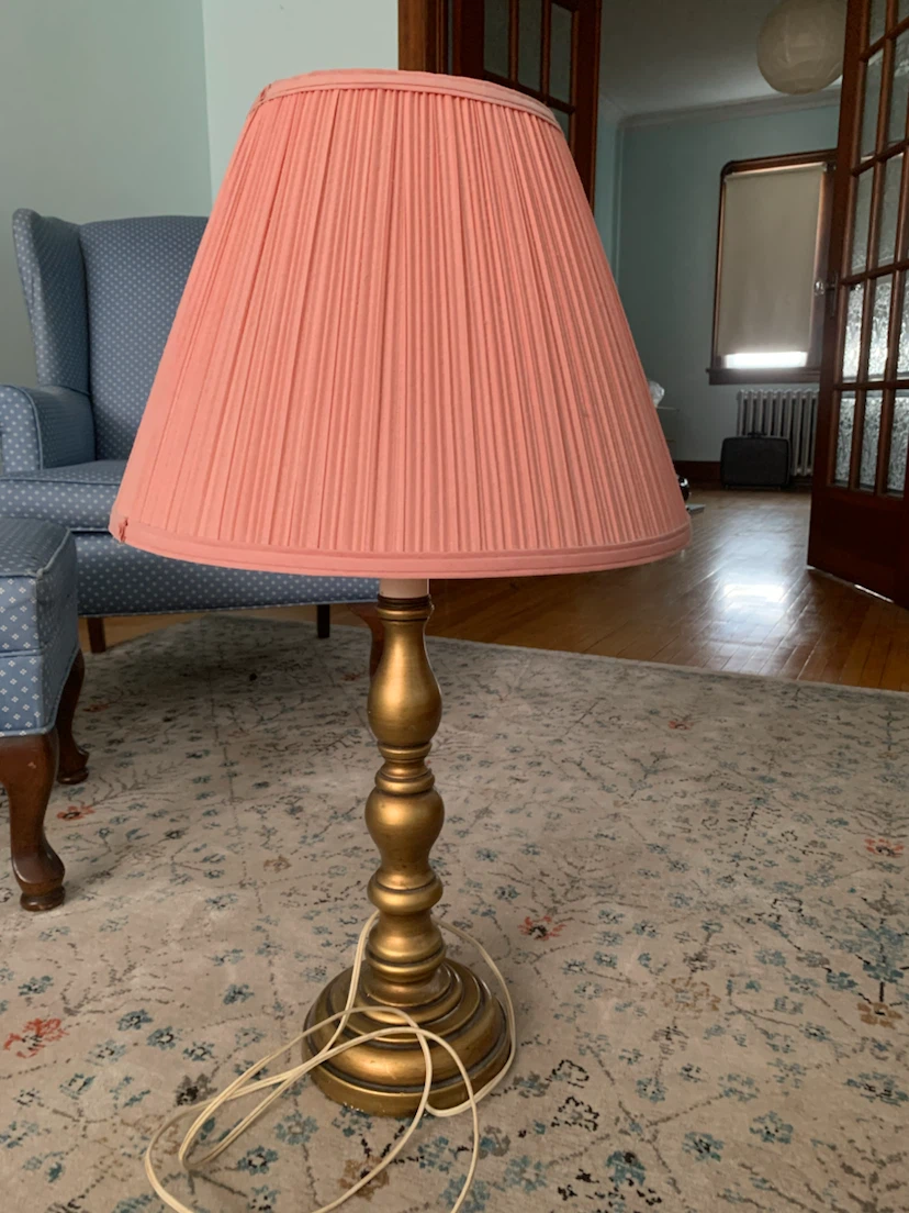 Gold Tone Table Lamp with Pink Pleated Shade