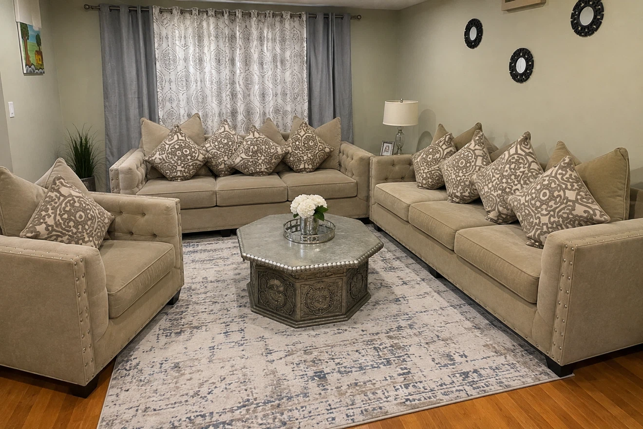 Beige Sofa with decorative pillows