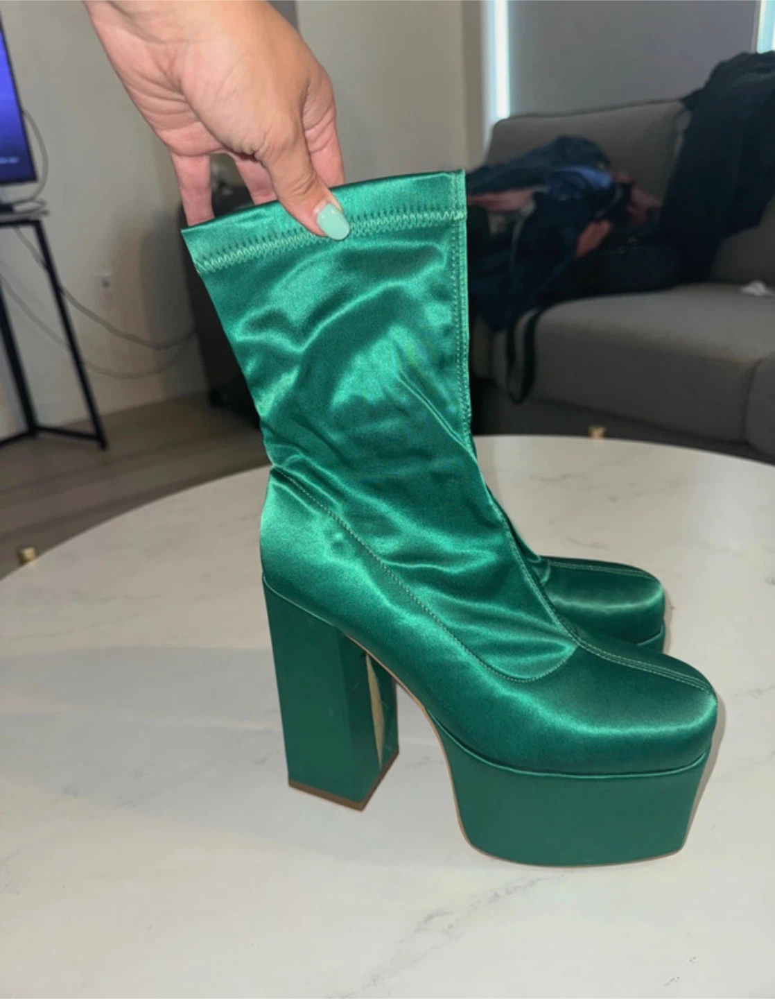 Green Satin Platform Boots