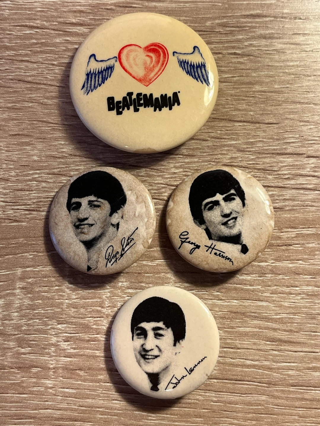 Three Beatles Pins and One BEATLEMANIA (the musical) Pin