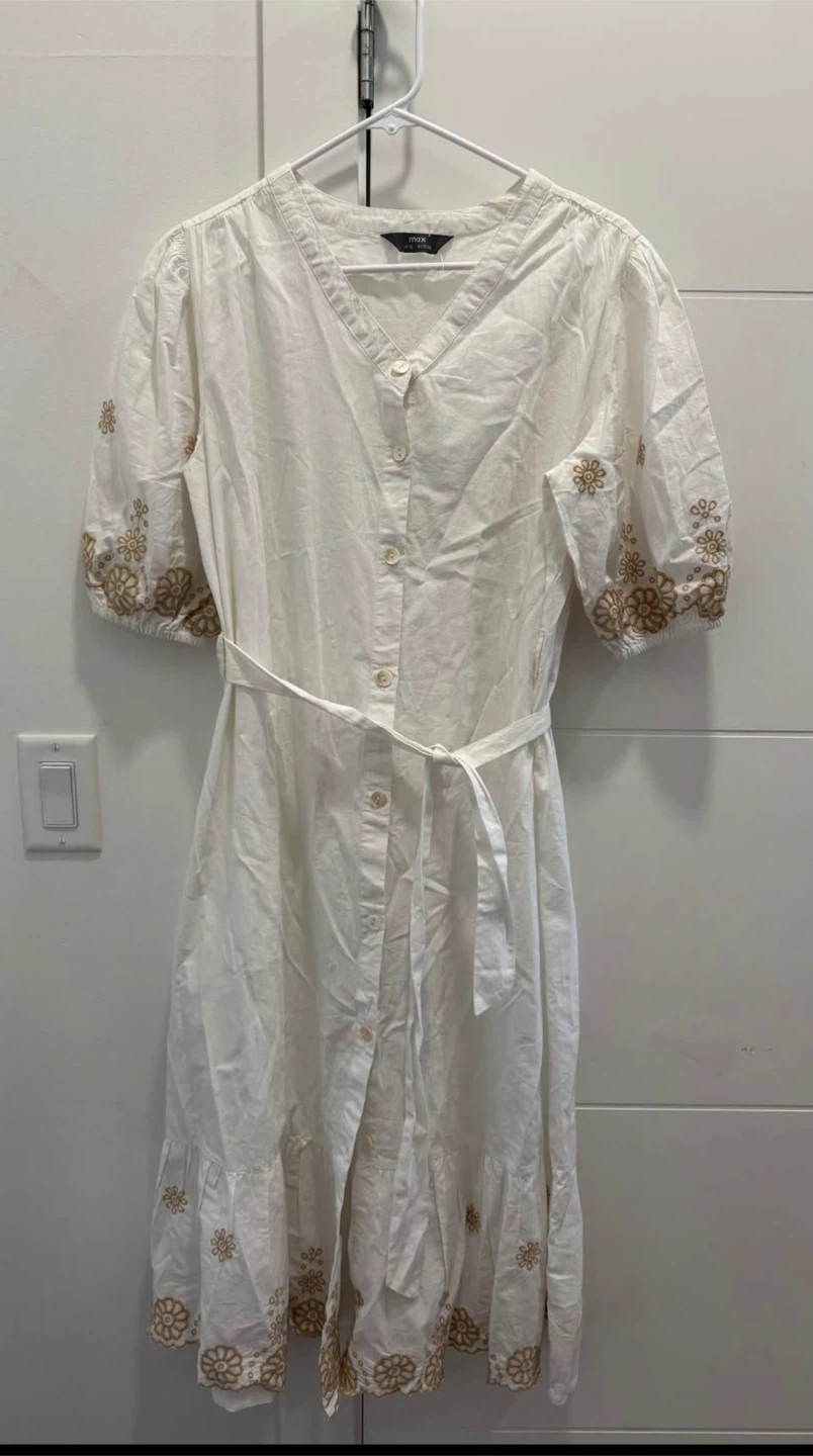 Max White Embroidered Button-Up Midi Dress