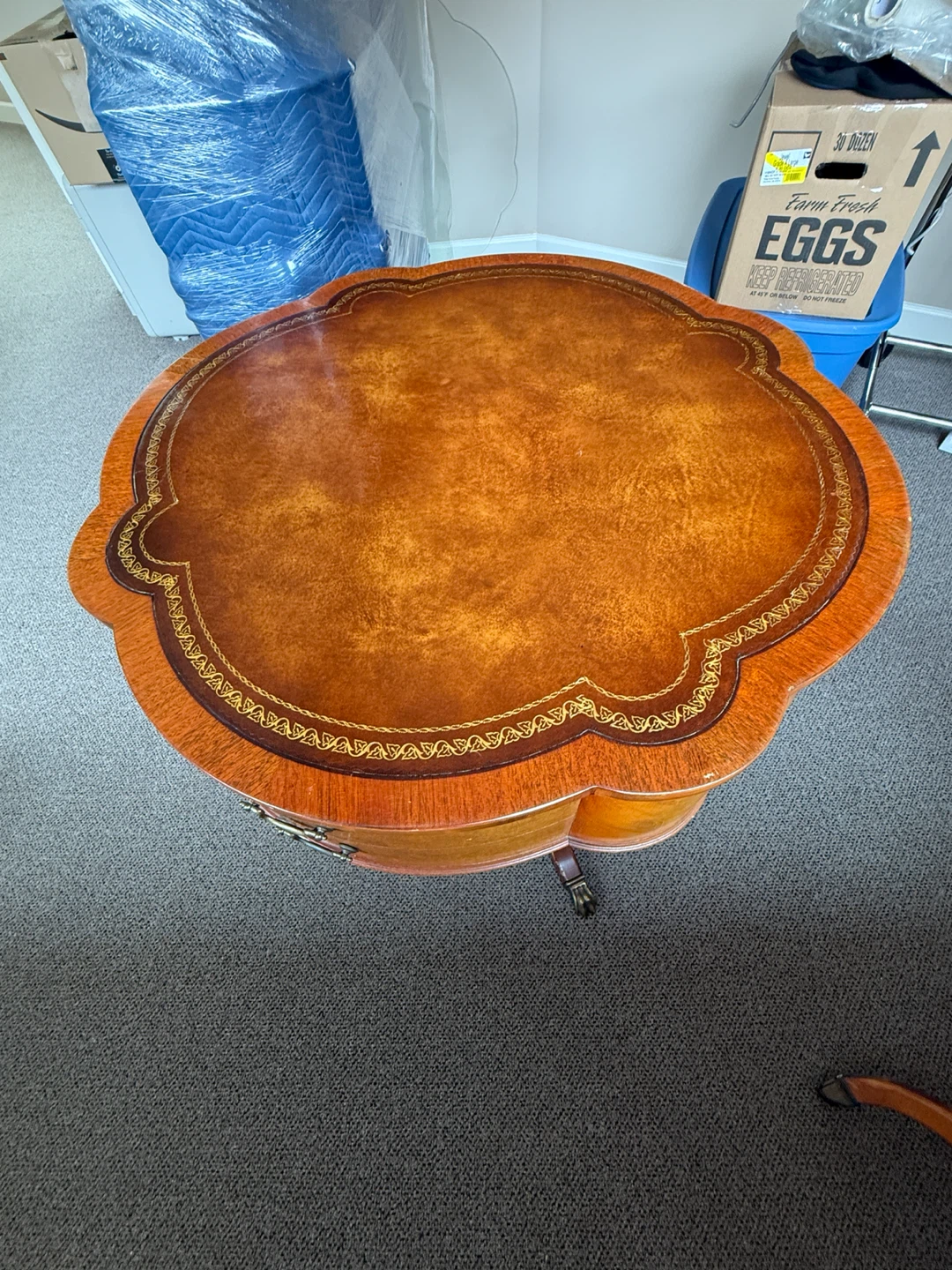 Vintage wood/leather/gold tables with glass overlay