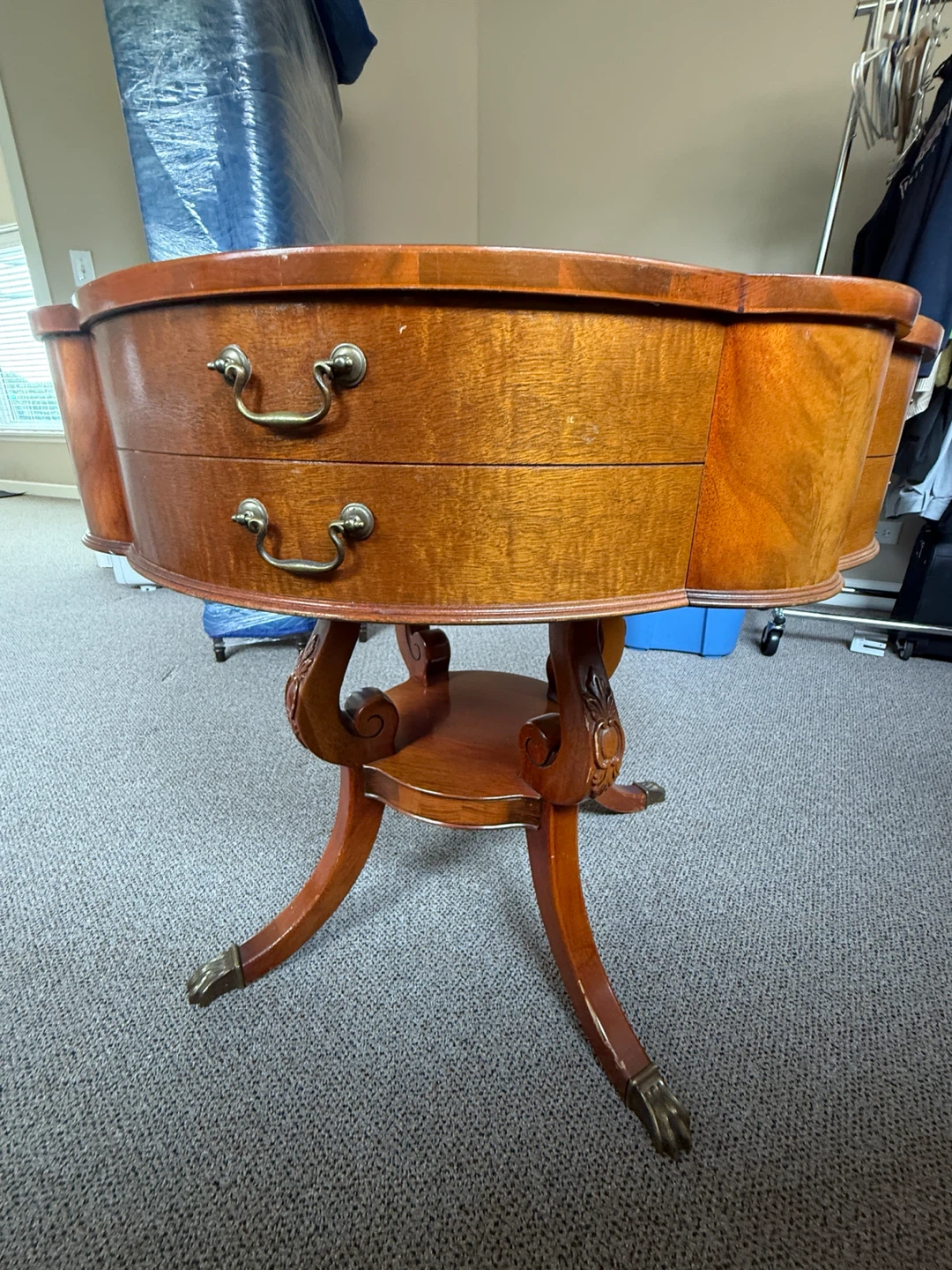 Vintage wood/leather/gold tables with glass overlay - photo 2
