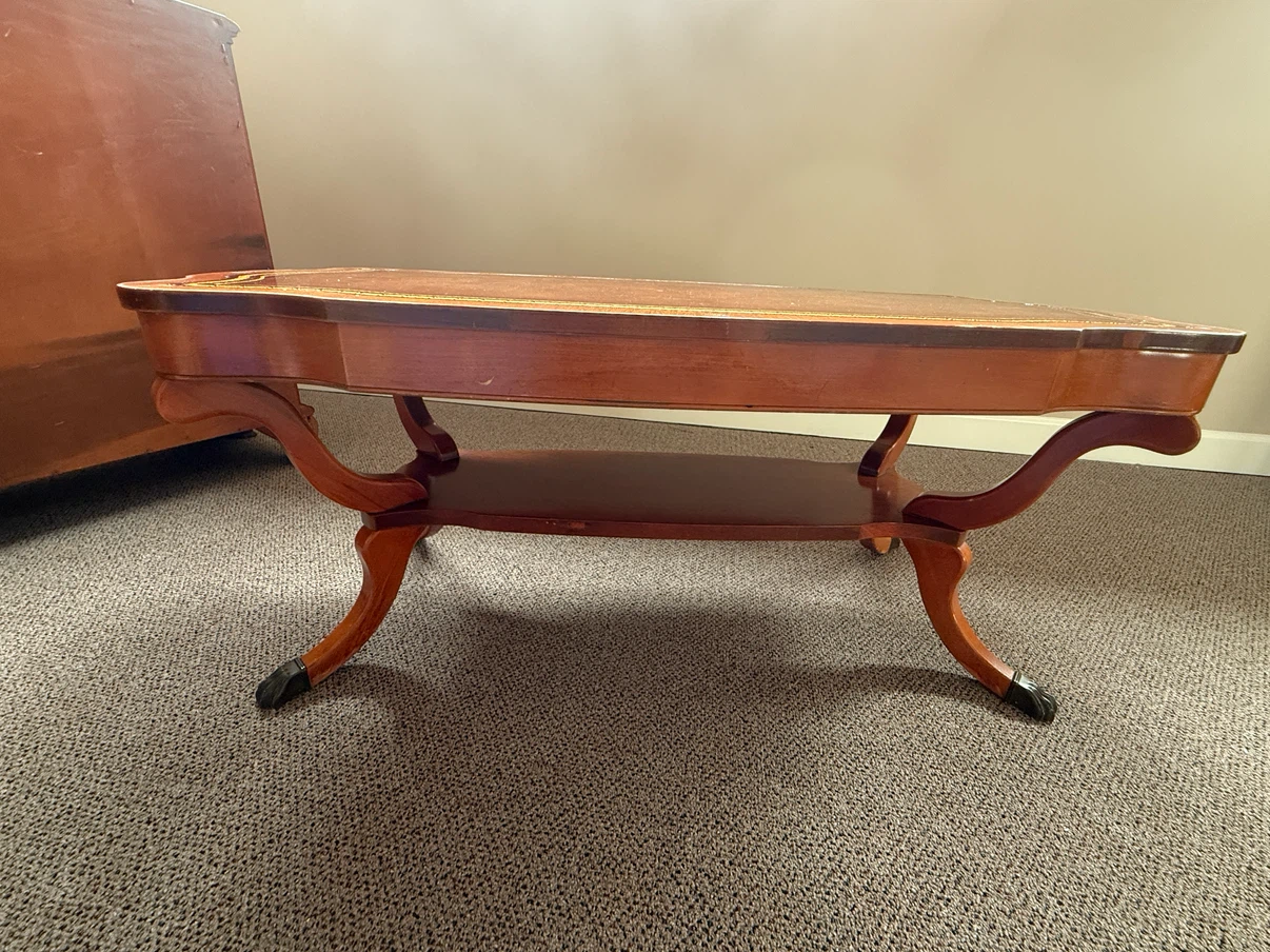 Vintage wood/leather/gold tables with glass overlay - photo 3
