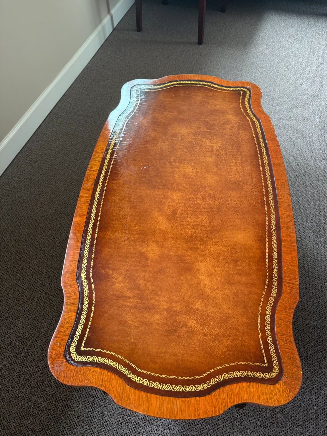 Vintage wood/leather/gold tables with glass overlay - photo 4