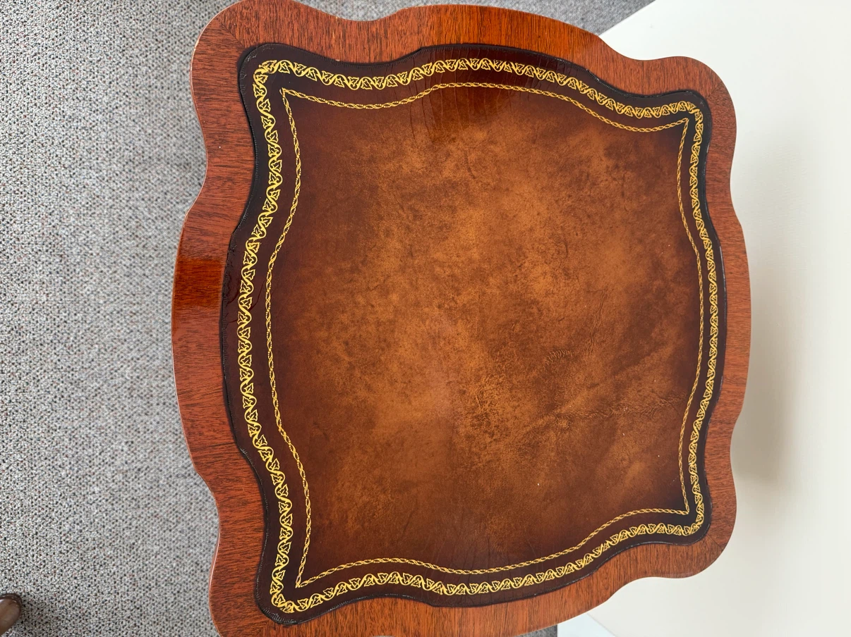 Vintage wood/leather/gold tables with glass overlay - photo 5