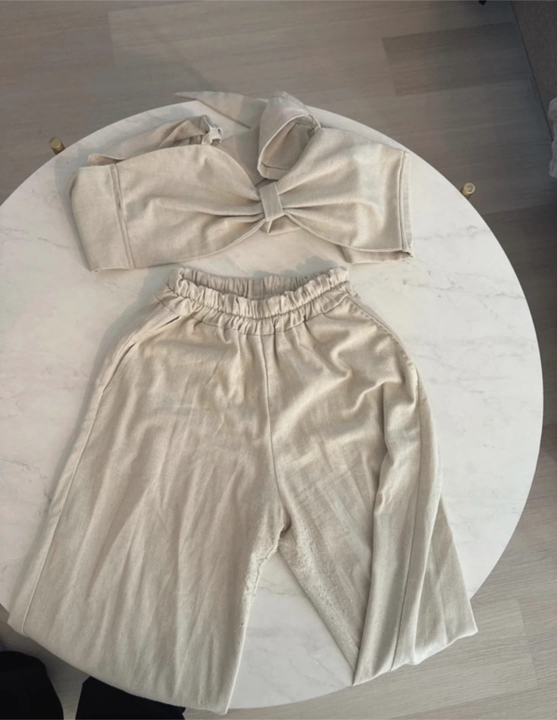 Linen Blend Bow Top and Wide Leg Pants Set