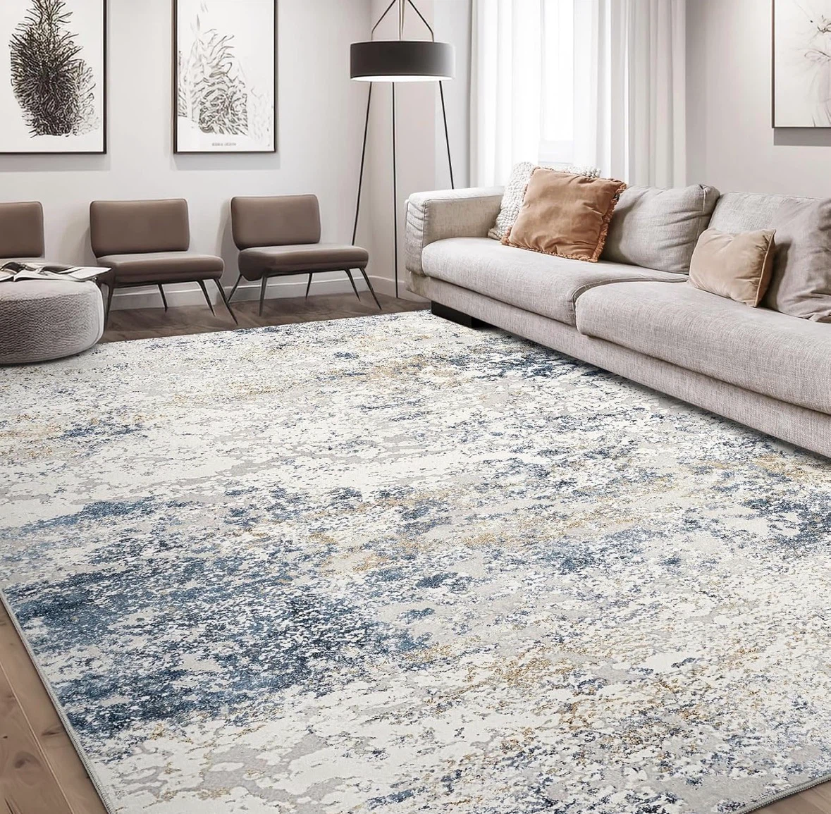 Abstract Blue and White Area Rug 10x14 ft