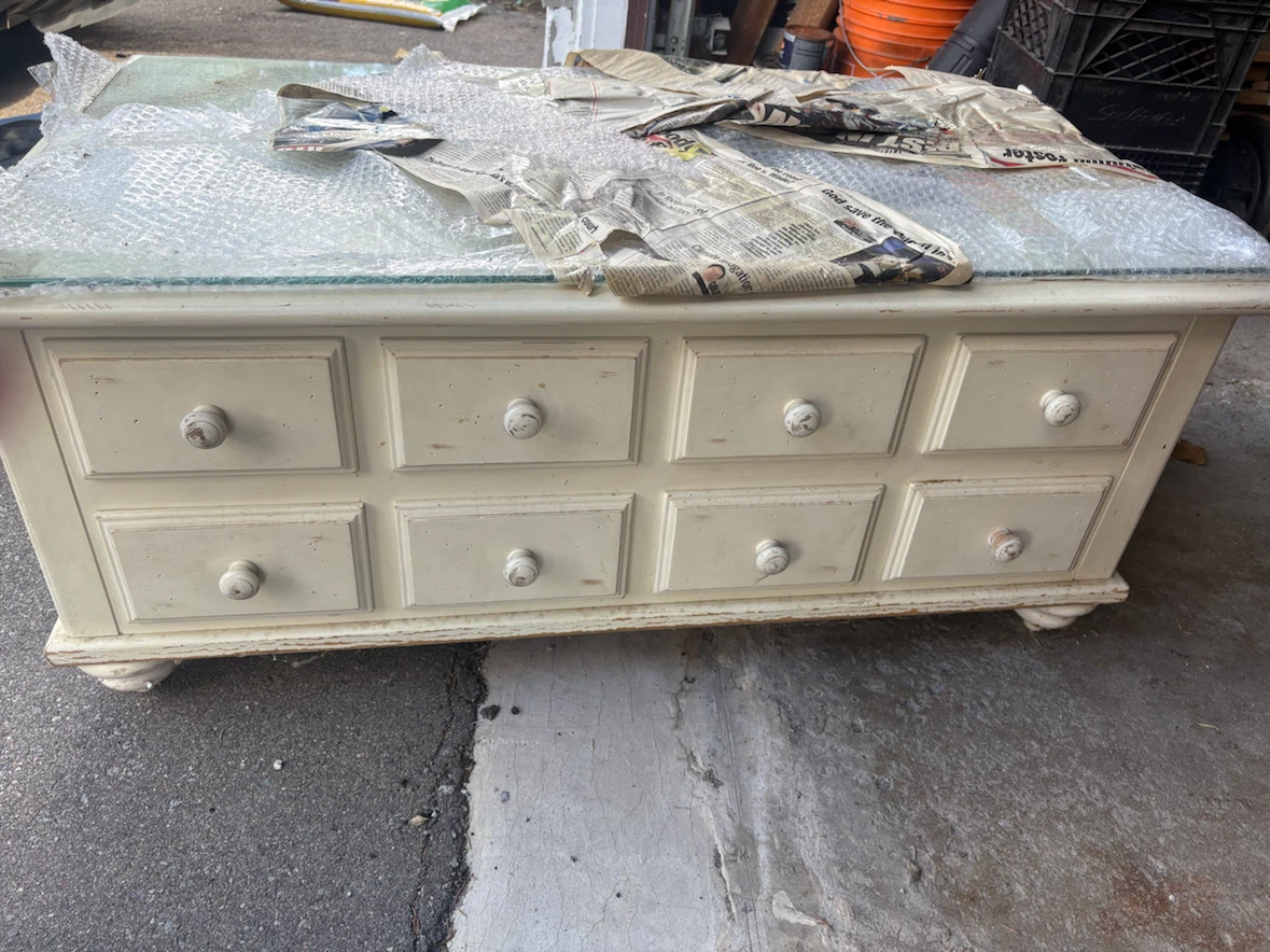 Cream Coffee Table with Glass Top and Storage Drawers