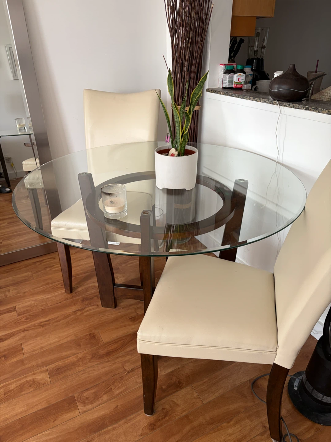 Glass Top Dining Table with Wooden Base