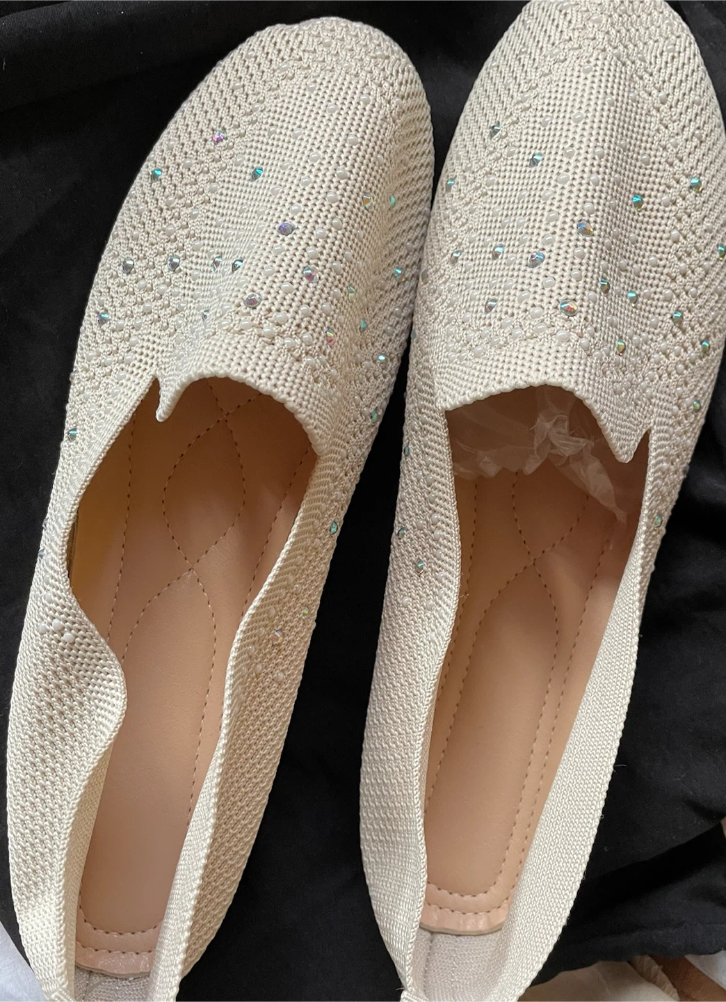 Women's Beige Embellished Knit Flats Size 42