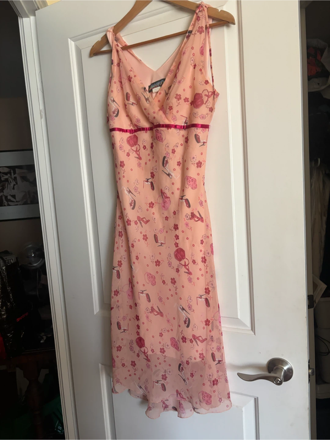 Pink floral/stilettos print midi slip dress, size M