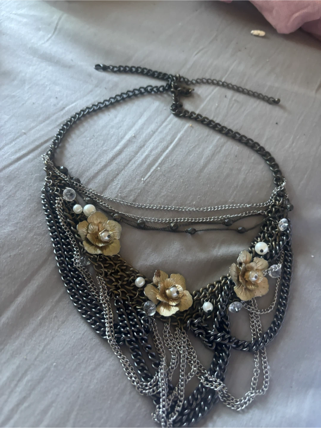 Layered Statement Necklace with Flowers and Pearls