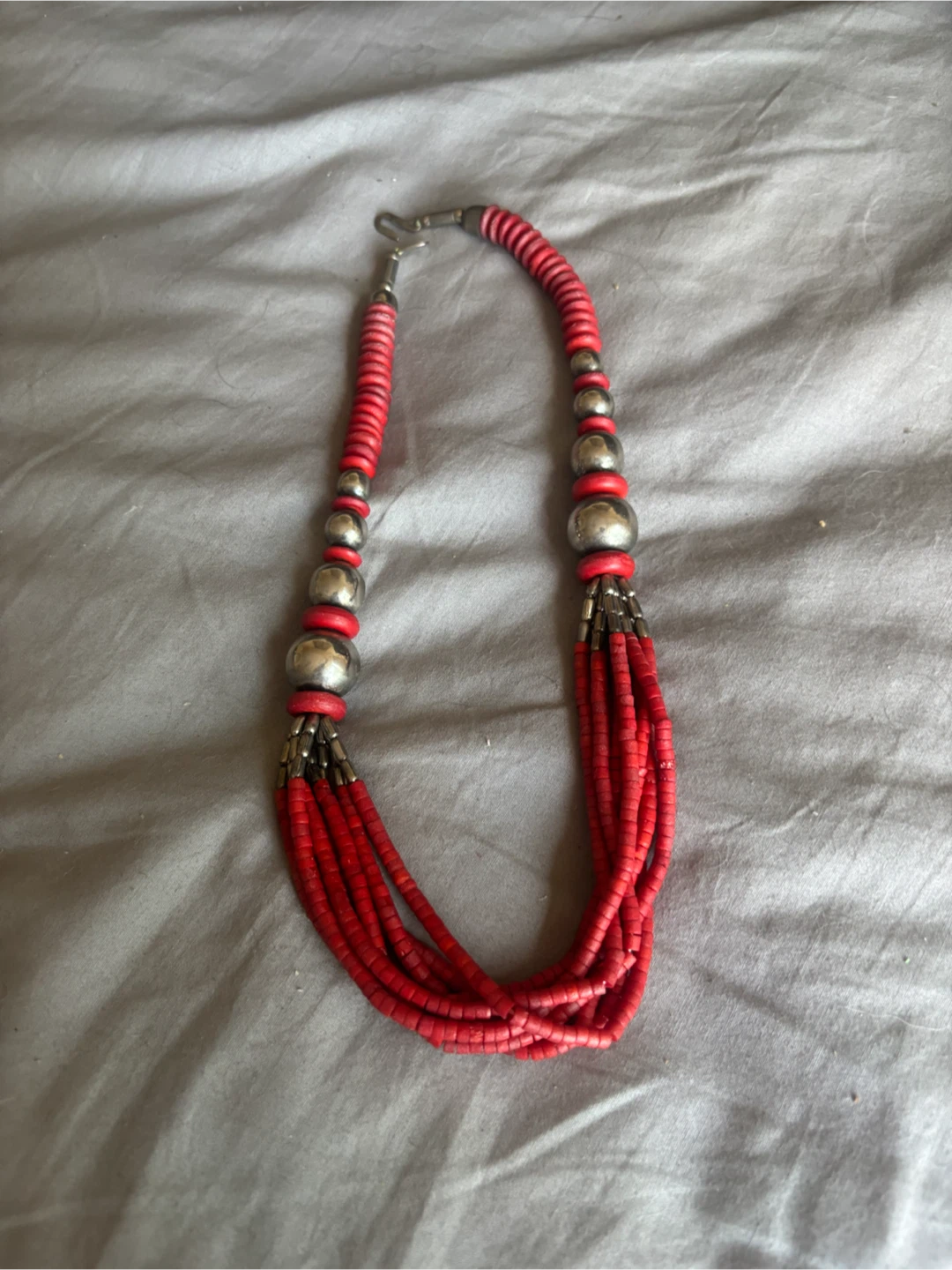 Vintage Red Beaded Necklace with Silver Tone Accents
