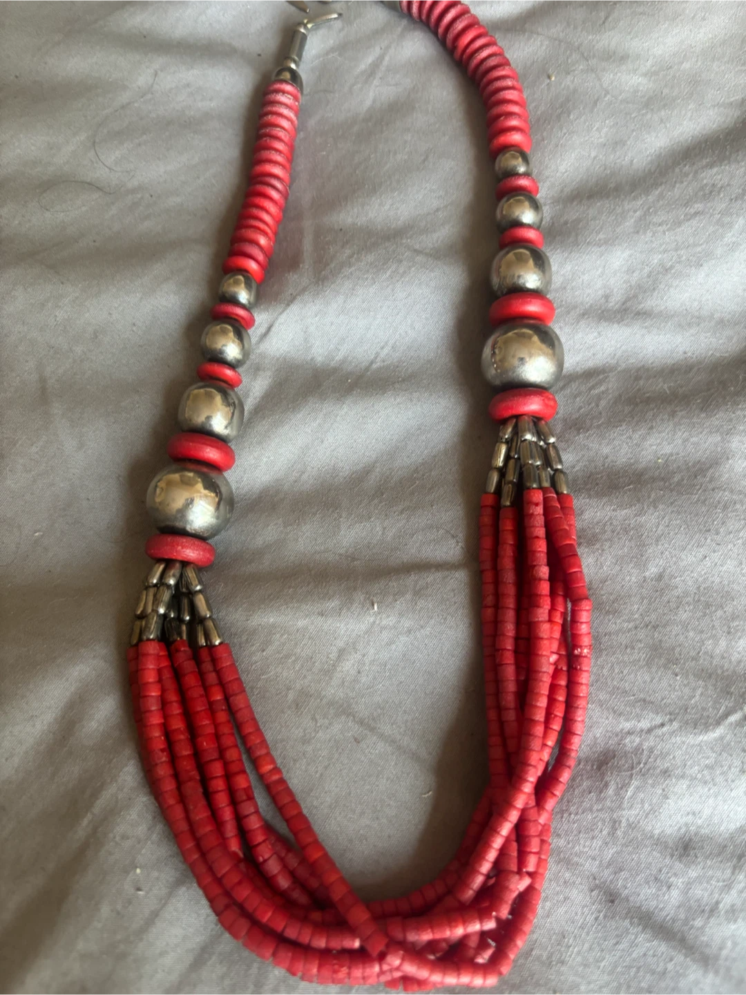 Vintage Red Beaded Necklace with Silver Tone Accents - photo 2