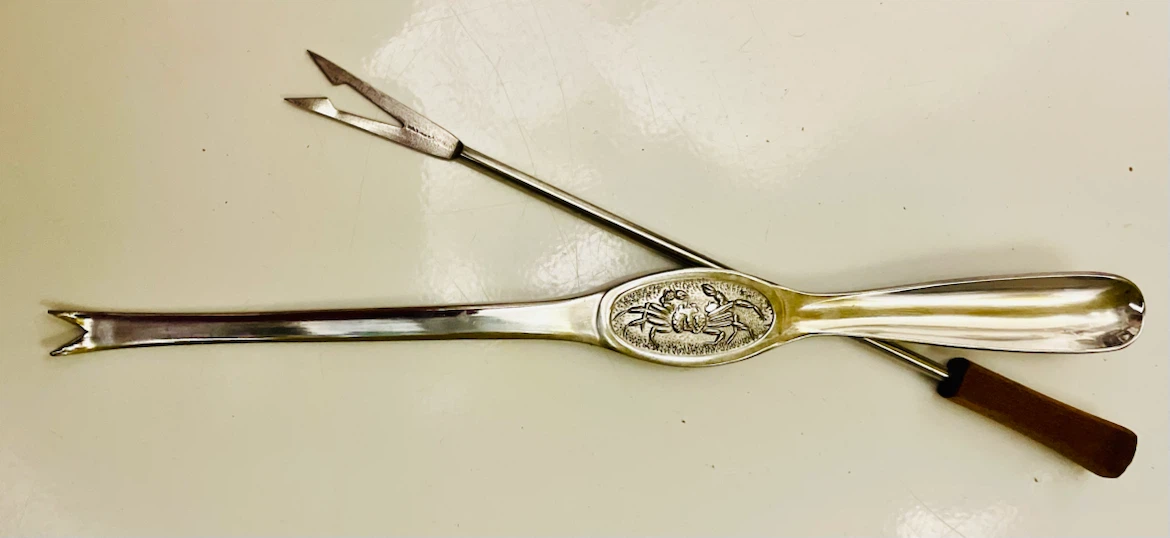 Vintage Crab Cracker and Pick Set with Embossed Design