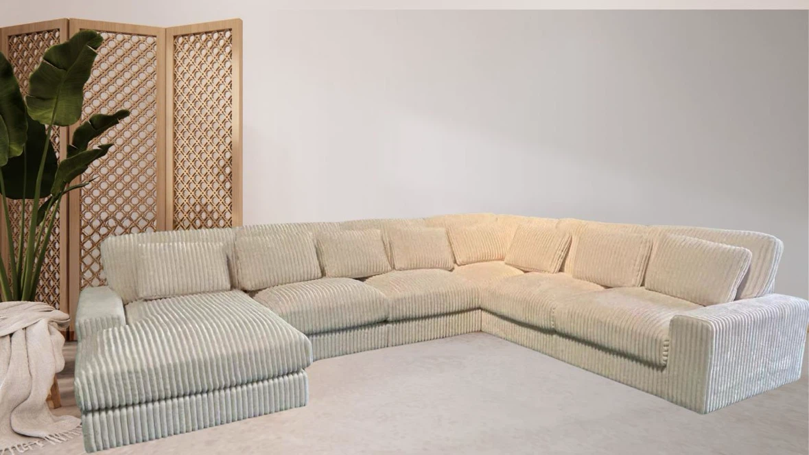 Cream Corduroy Sectional Sofa with Chaise
