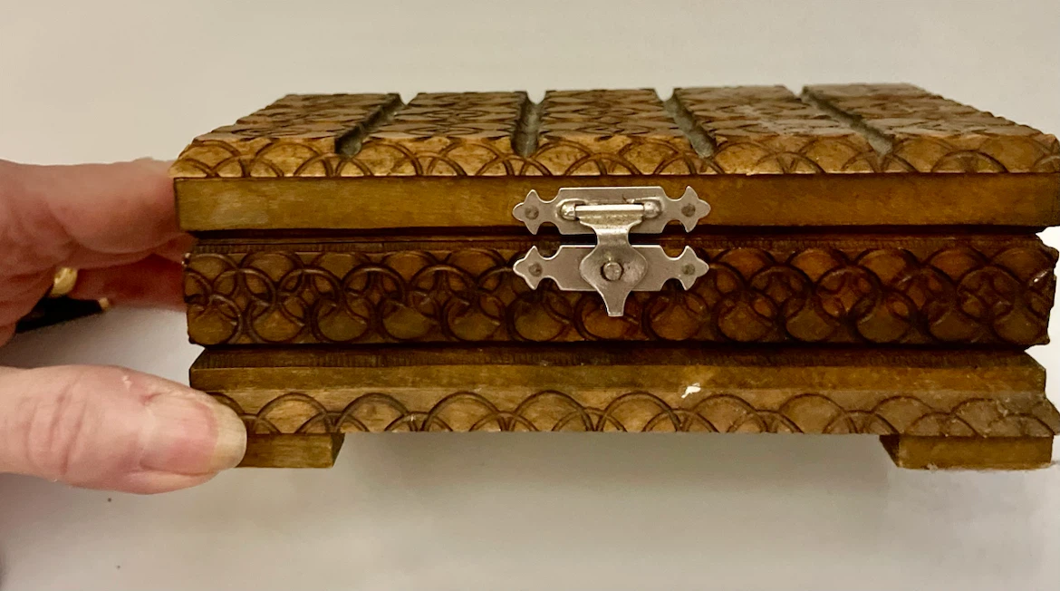 Vintage Carved Wooden Trinket Box with Pin