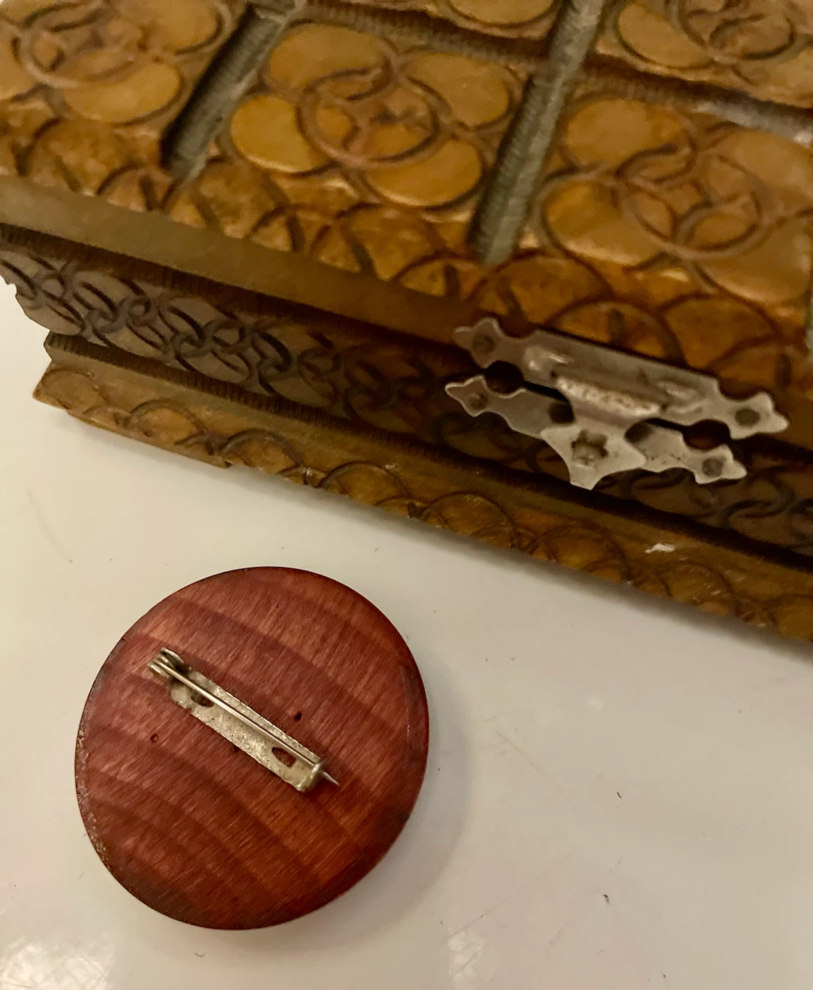 Vintage Carved Wooden Trinket Box with Pin - photo 2