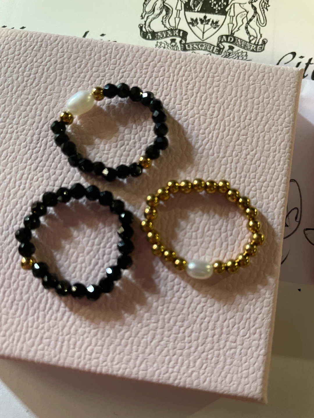Set of 3 Black Stone Beaded Rings with Pearls