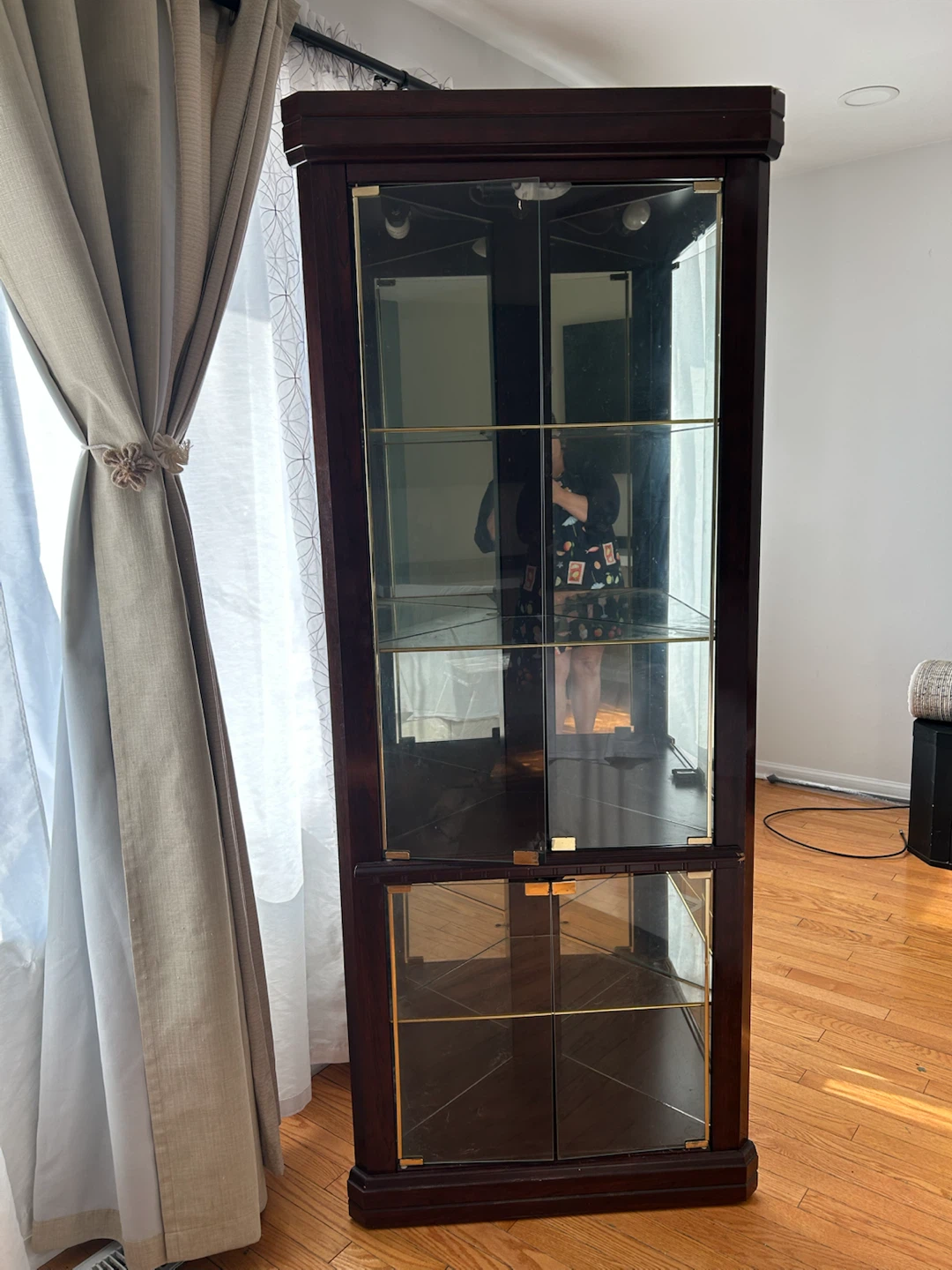 Dark Wood Corner Curio Cabinet with Glass Doors