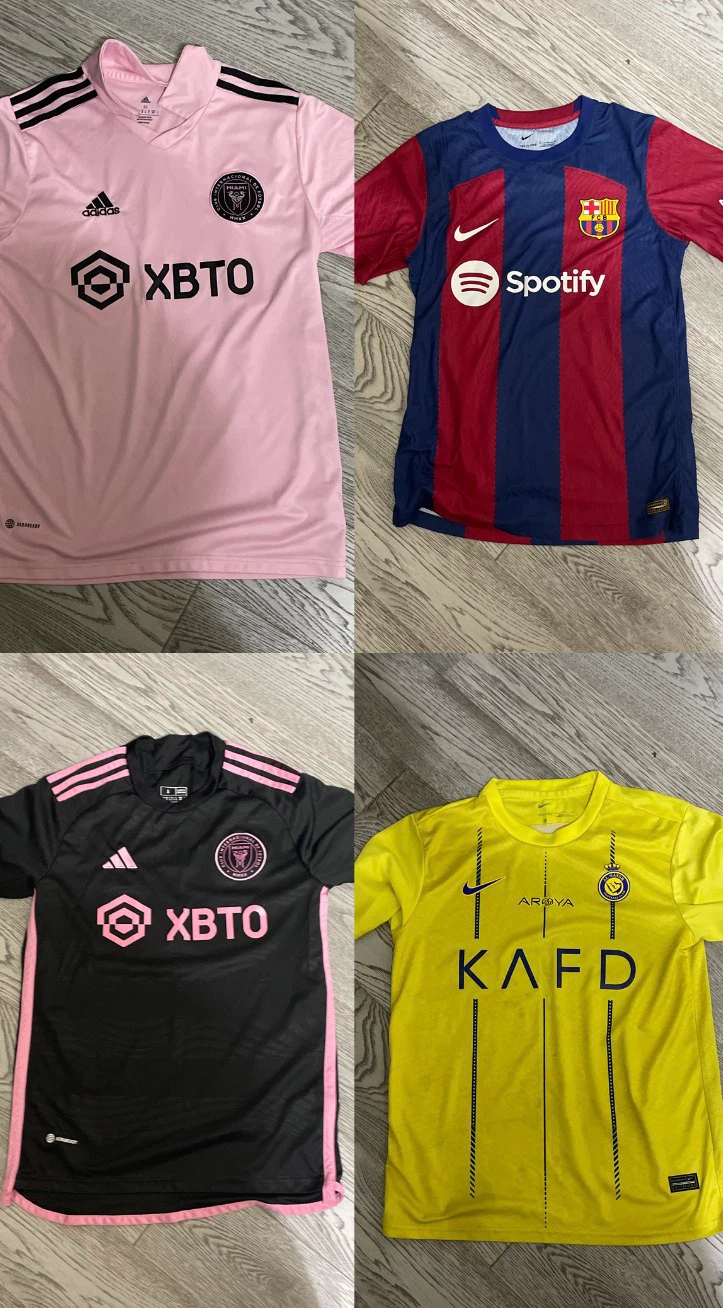 Selection of FC Barcelona, Inter Miami, and Al Nassar jerseys