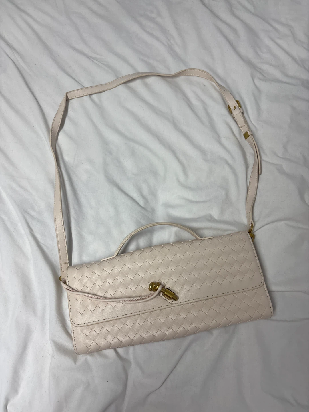 Pale Pink Woven Leather Clutch/Shoulder Bag