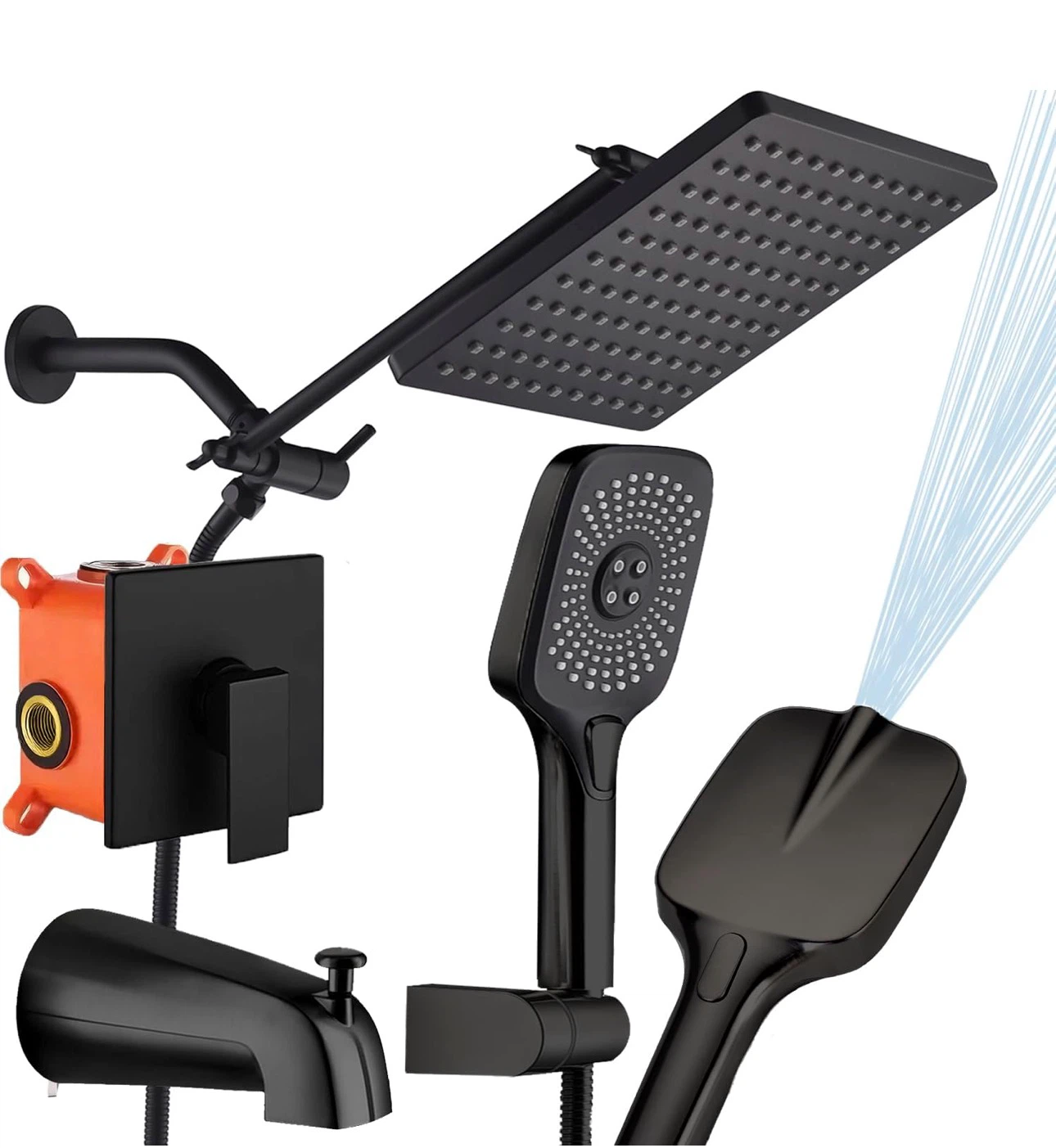 Matte Black Shower Faucet Set with 12 Inch Rainfall Shower Head