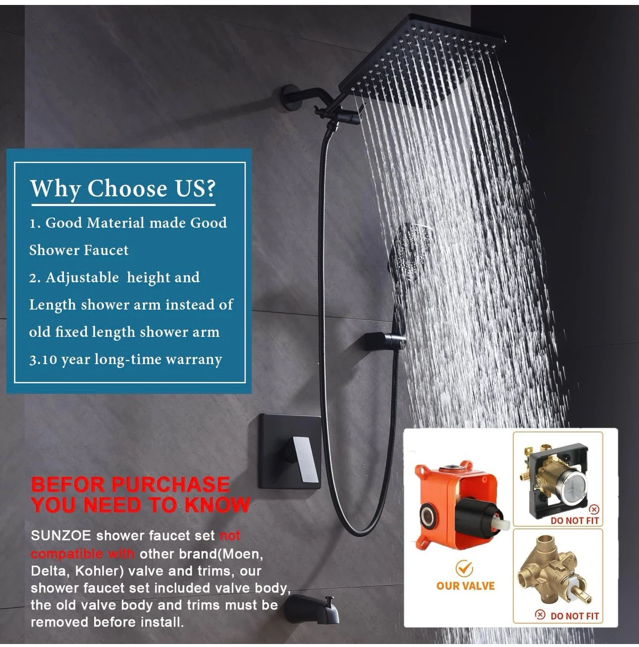 Matte Black Shower Faucet Set with 12 Inch Rainfall Shower Head - photo 2