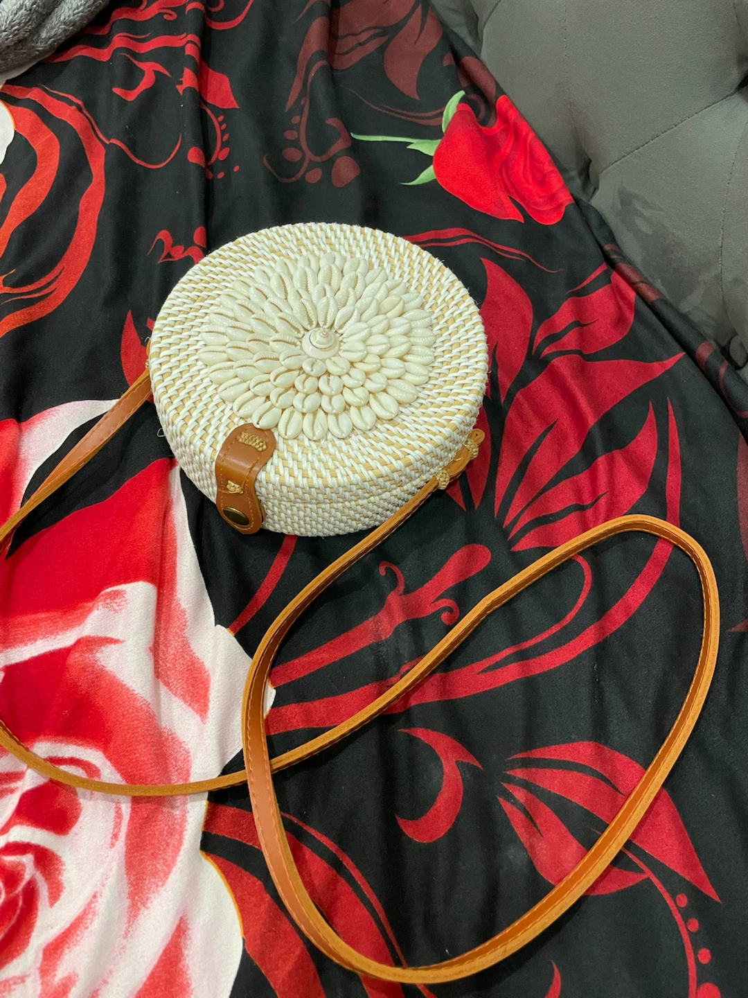 Woven Round Rattan Bag with Shell Detail