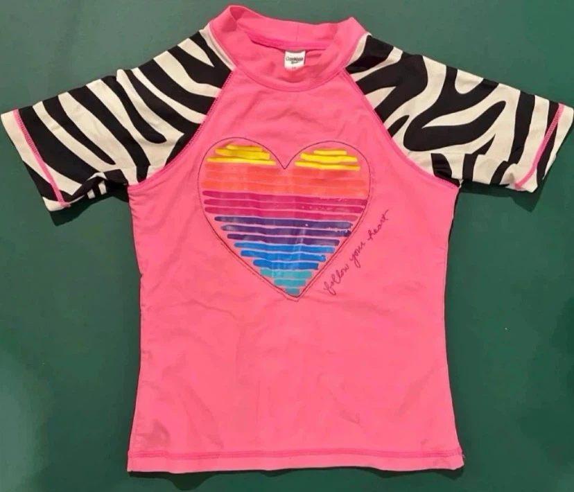 EUC: Pink Rainbow Heart Raglan Swim Top Rash Guard Size 10