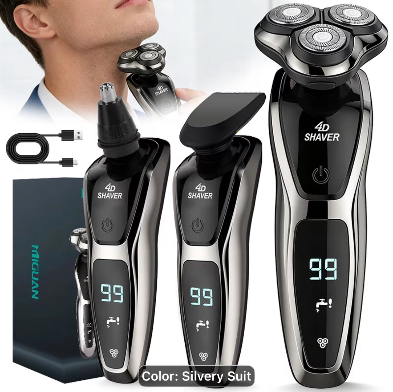 Men'S Electric Three-In-One Care Set: Razor, Nose Hair Trimmer