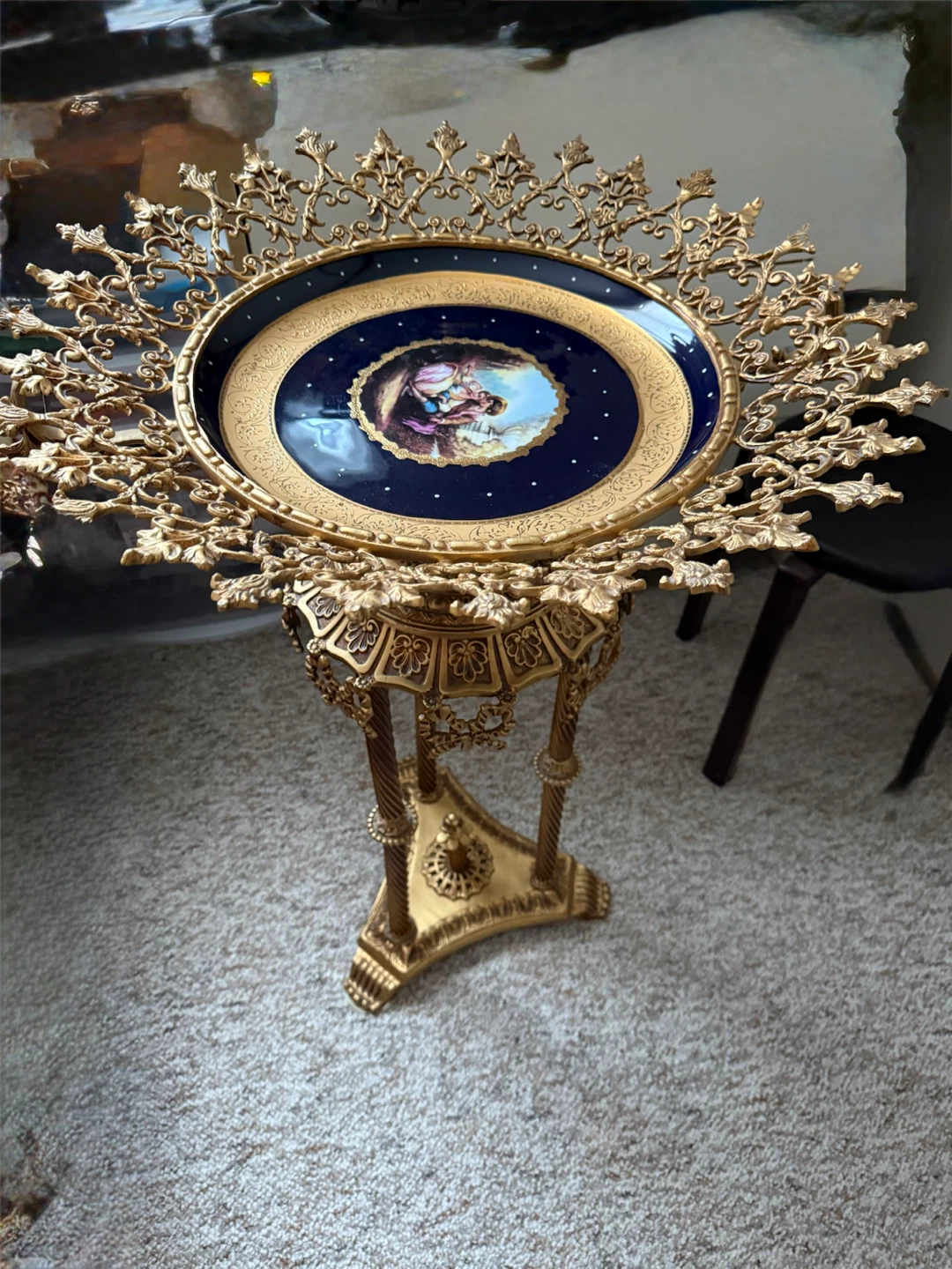 Ornate Gold Pedestal Table with Decorative Plate