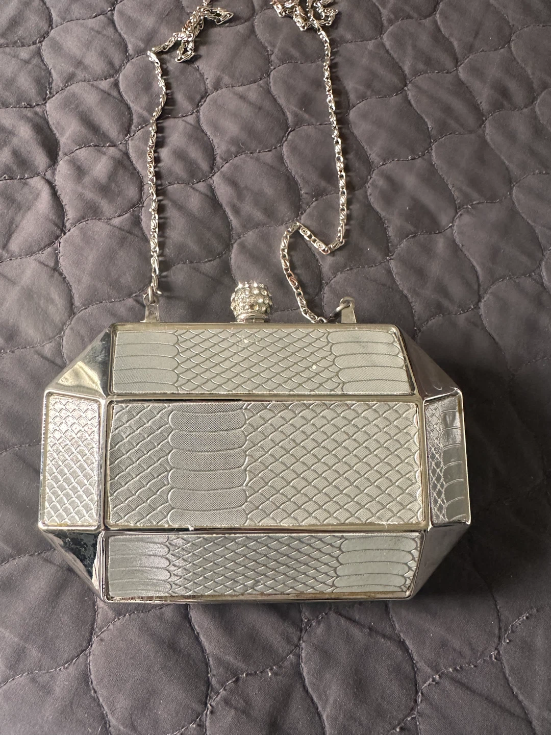 Silver Clutch Evening Bag with Rhinestone Clasp